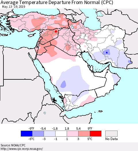 Middle East and Turkey Average Temperature Departure from Normal (CPC) Thematic Map For 5/13/2019 - 5/19/2019