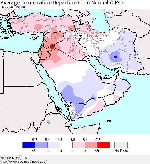 Middle East and Turkey Average Temperature Departure from Normal (CPC) Thematic Map For 5/20/2019 - 5/26/2019