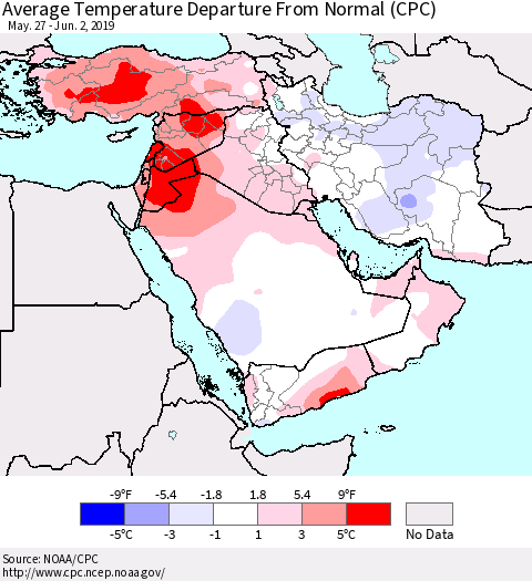 Middle East and Turkey Average Temperature Departure from Normal (CPC) Thematic Map For 5/27/2019 - 6/2/2019