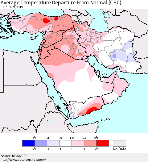 Middle East and Turkey Average Temperature Departure from Normal (CPC) Thematic Map For 6/3/2019 - 6/9/2019