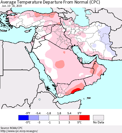 Middle East and Turkey Average Temperature Departure from Normal (CPC) Thematic Map For 6/10/2019 - 6/16/2019