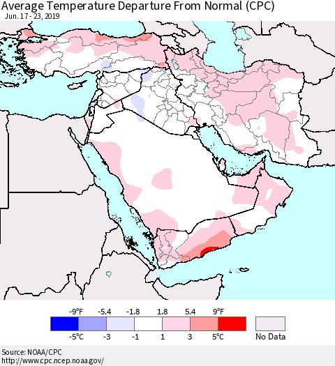 Middle East and Turkey Average Temperature Departure from Normal (CPC) Thematic Map For 6/17/2019 - 6/23/2019