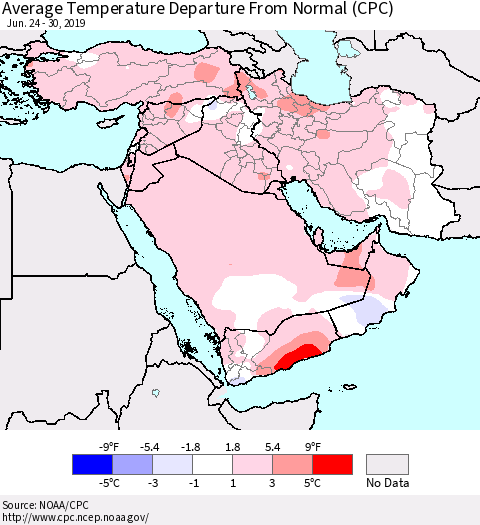 Middle East and Turkey Average Temperature Departure from Normal (CPC) Thematic Map For 6/24/2019 - 6/30/2019