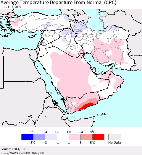 Middle East and Turkey Average Temperature Departure from Normal (CPC) Thematic Map For 7/1/2019 - 7/7/2019