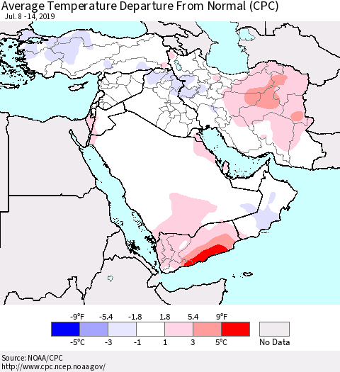 Middle East and Turkey Average Temperature Departure from Normal (CPC) Thematic Map For 7/8/2019 - 7/14/2019