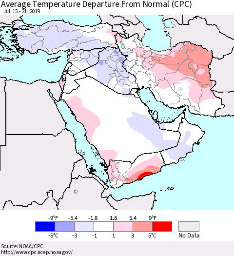 Middle East and Turkey Average Temperature Departure from Normal (CPC) Thematic Map For 7/15/2019 - 7/21/2019