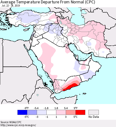 Middle East and Turkey Average Temperature Departure from Normal (CPC) Thematic Map For 7/22/2019 - 7/28/2019
