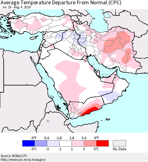 Middle East and Turkey Average Temperature Departure from Normal (CPC) Thematic Map For 7/29/2019 - 8/4/2019