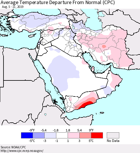 Middle East and Turkey Average Temperature Departure from Normal (CPC) Thematic Map For 8/5/2019 - 8/11/2019