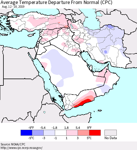 Middle East and Turkey Average Temperature Departure from Normal (CPC) Thematic Map For 8/12/2019 - 8/18/2019