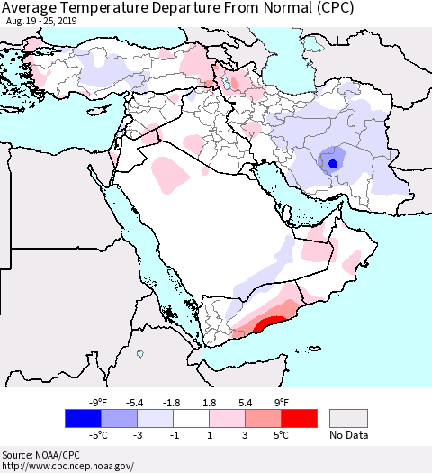 Middle East and Turkey Average Temperature Departure from Normal (CPC) Thematic Map For 8/19/2019 - 8/25/2019