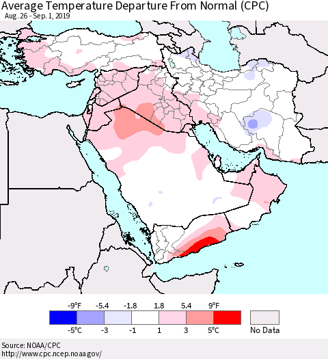 Middle East and Turkey Average Temperature Departure from Normal (CPC) Thematic Map For 8/26/2019 - 9/1/2019