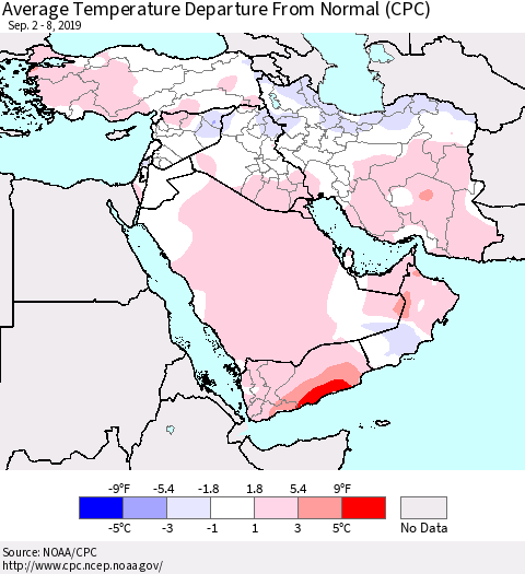 Middle East and Turkey Average Temperature Departure from Normal (CPC) Thematic Map For 9/2/2019 - 9/8/2019