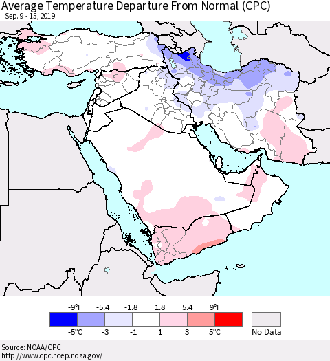 Middle East and Turkey Average Temperature Departure from Normal (CPC) Thematic Map For 9/9/2019 - 9/15/2019