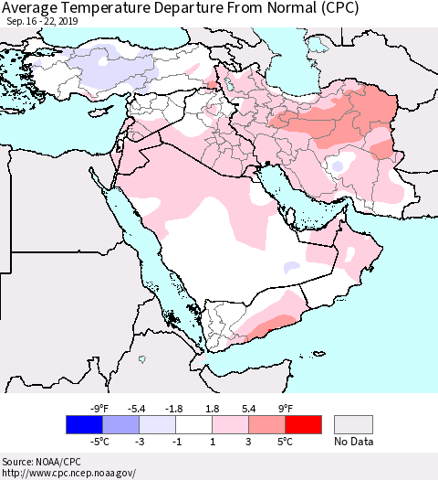 Middle East and Turkey Average Temperature Departure from Normal (CPC) Thematic Map For 9/16/2019 - 9/22/2019