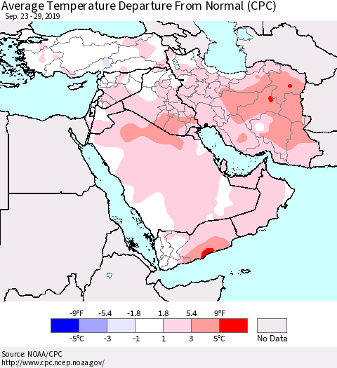 Middle East and Turkey Average Temperature Departure from Normal (CPC) Thematic Map For 9/23/2019 - 9/29/2019