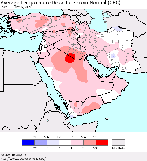 Middle East and Turkey Average Temperature Departure from Normal (CPC) Thematic Map For 9/30/2019 - 10/6/2019