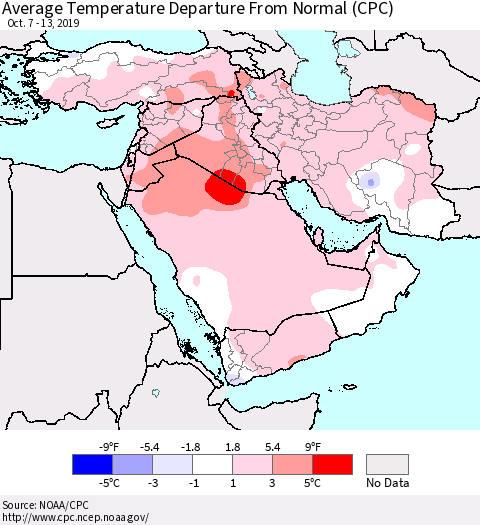Middle East and Turkey Average Temperature Departure from Normal (CPC) Thematic Map For 10/7/2019 - 10/13/2019