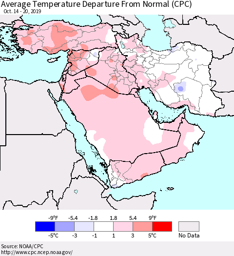 Middle East and Turkey Average Temperature Departure from Normal (CPC) Thematic Map For 10/14/2019 - 10/20/2019