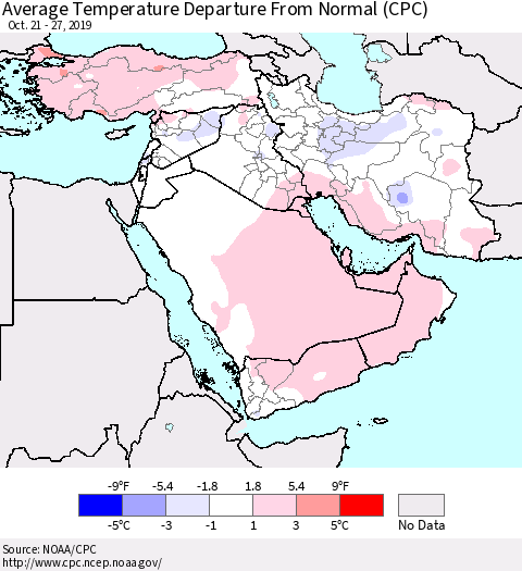 Middle East and Turkey Average Temperature Departure from Normal (CPC) Thematic Map For 10/21/2019 - 10/27/2019