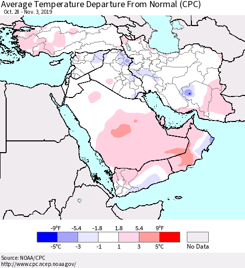 Middle East and Turkey Average Temperature Departure from Normal (CPC) Thematic Map For 10/28/2019 - 11/3/2019