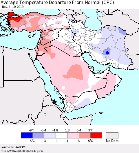 Middle East and Turkey Average Temperature Departure from Normal (CPC) Thematic Map For 11/4/2019 - 11/10/2019