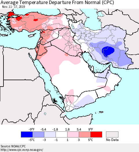 Middle East and Turkey Average Temperature Departure from Normal (CPC) Thematic Map For 11/11/2019 - 11/17/2019