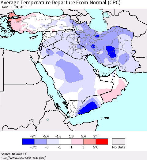 Middle East and Turkey Average Temperature Departure from Normal (CPC) Thematic Map For 11/18/2019 - 11/24/2019