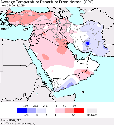 Middle East and Turkey Average Temperature Departure from Normal (CPC) Thematic Map For 11/25/2019 - 12/1/2019