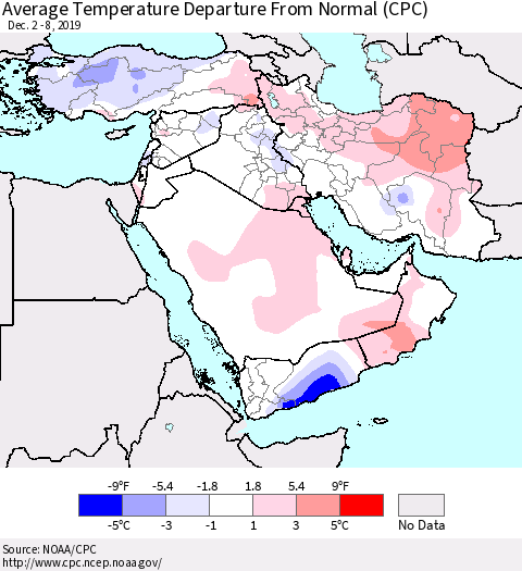 Middle East and Turkey Average Temperature Departure from Normal (CPC) Thematic Map For 12/2/2019 - 12/8/2019
