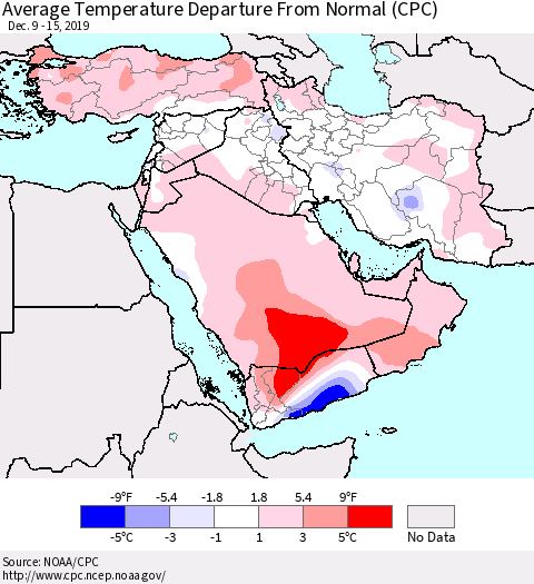 Middle East and Turkey Average Temperature Departure from Normal (CPC) Thematic Map For 12/9/2019 - 12/15/2019