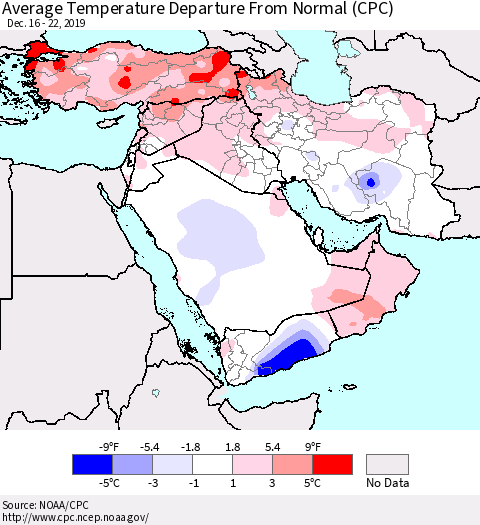 Middle East and Turkey Average Temperature Departure from Normal (CPC) Thematic Map For 12/16/2019 - 12/22/2019