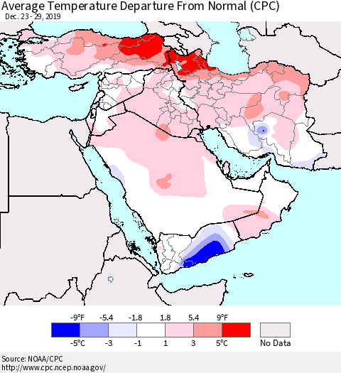 Middle East and Turkey Average Temperature Departure from Normal (CPC) Thematic Map For 12/23/2019 - 12/29/2019