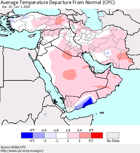Middle East and Turkey Average Temperature Departure from Normal (CPC) Thematic Map For 12/30/2019 - 1/5/2020