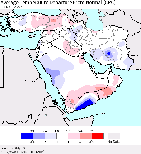 Middle East and Turkey Average Temperature Departure from Normal (CPC) Thematic Map For 1/6/2020 - 1/12/2020