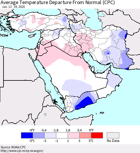 Middle East and Turkey Average Temperature Departure from Normal (CPC) Thematic Map For 1/13/2020 - 1/19/2020