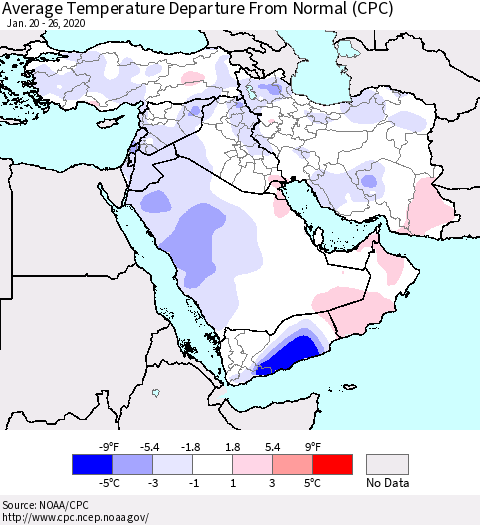 Middle East and Turkey Average Temperature Departure from Normal (CPC) Thematic Map For 1/20/2020 - 1/26/2020