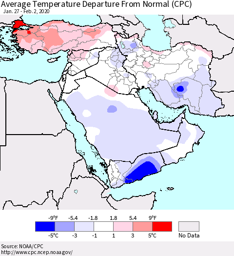 Middle East and Turkey Average Temperature Departure from Normal (CPC) Thematic Map For 1/27/2020 - 2/2/2020
