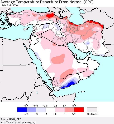 Middle East and Turkey Average Temperature Departure from Normal (CPC) Thematic Map For 2/3/2020 - 2/9/2020
