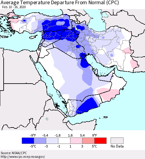 Middle East and Turkey Average Temperature Departure from Normal (CPC) Thematic Map For 2/10/2020 - 2/16/2020