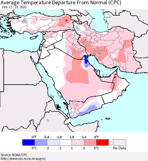 Middle East and Turkey Average Temperature Departure from Normal (CPC) Thematic Map For 2/17/2020 - 2/23/2020