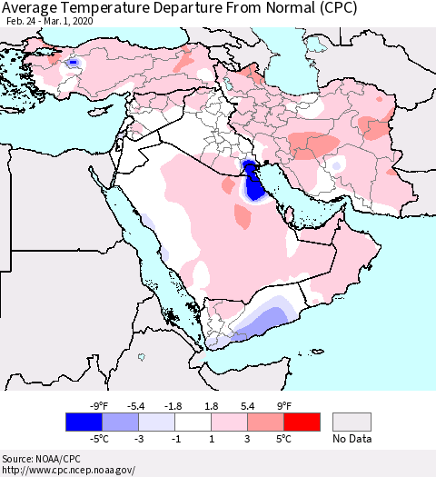 Middle East and Turkey Average Temperature Departure from Normal (CPC) Thematic Map For 2/24/2020 - 3/1/2020