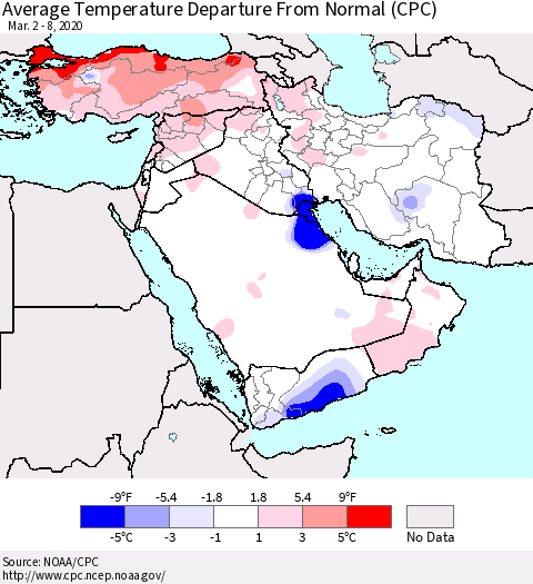 Middle East and Turkey Average Temperature Departure from Normal (CPC) Thematic Map For 3/2/2020 - 3/8/2020