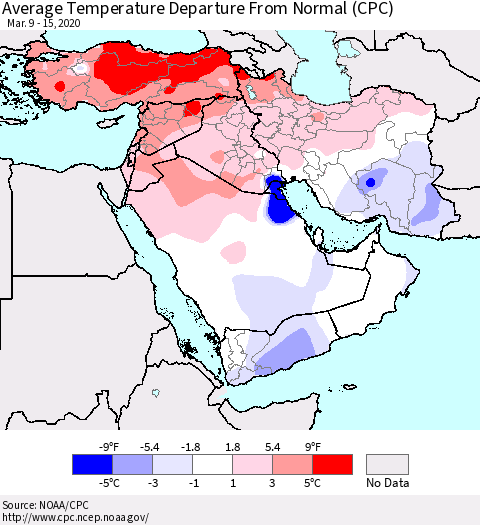 Middle East and Turkey Average Temperature Departure from Normal (CPC) Thematic Map For 3/9/2020 - 3/15/2020
