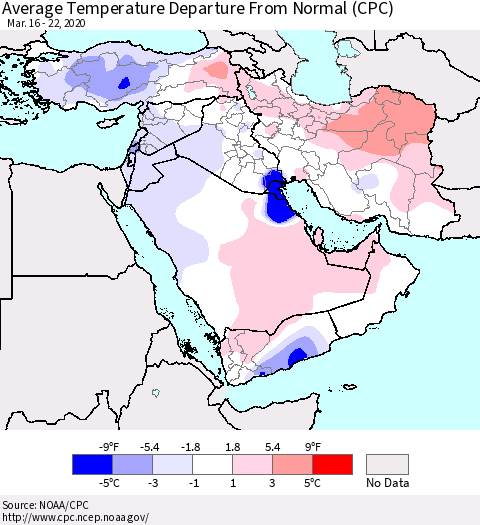 Middle East and Turkey Average Temperature Departure from Normal (CPC) Thematic Map For 3/16/2020 - 3/22/2020