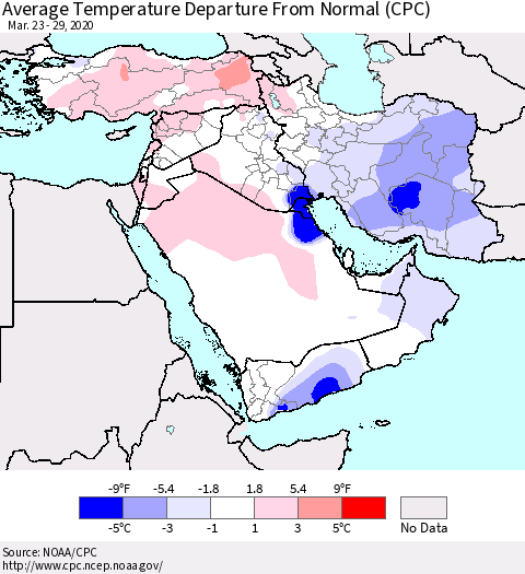 Middle East and Turkey Average Temperature Departure from Normal (CPC) Thematic Map For 3/23/2020 - 3/29/2020
