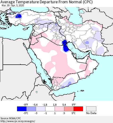 Middle East and Turkey Average Temperature Departure from Normal (CPC) Thematic Map For 3/30/2020 - 4/5/2020