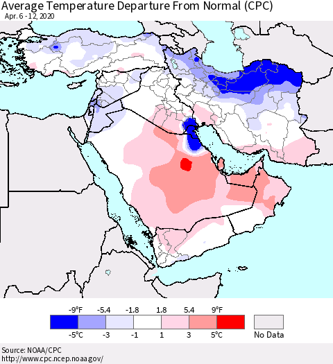 Middle East and Turkey Average Temperature Departure from Normal (CPC) Thematic Map For 4/6/2020 - 4/12/2020