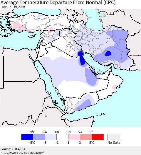 Middle East and Turkey Average Temperature Departure from Normal (CPC) Thematic Map For 4/13/2020 - 4/19/2020