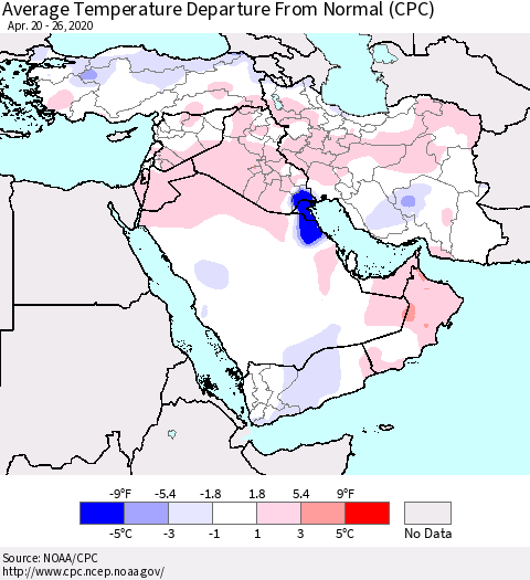Middle East and Turkey Average Temperature Departure from Normal (CPC) Thematic Map For 4/20/2020 - 4/26/2020